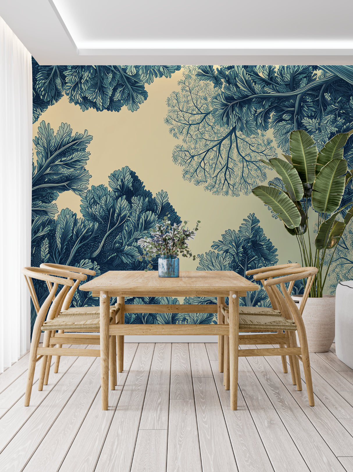 Blue botanical wallpaper mural in modern living room showing navy foliage pattern on beige background
