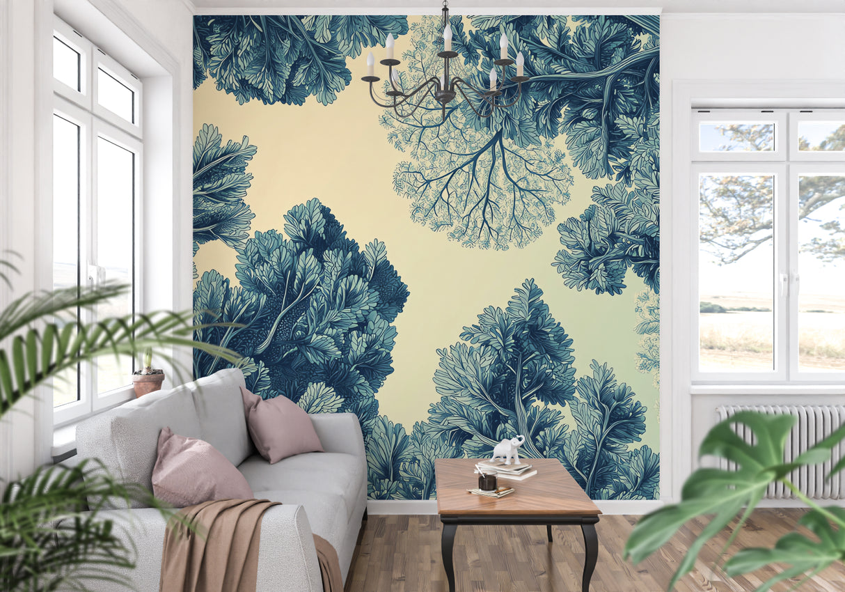 Botanical wall mural featuring blue leaves in cozy bedroom setting