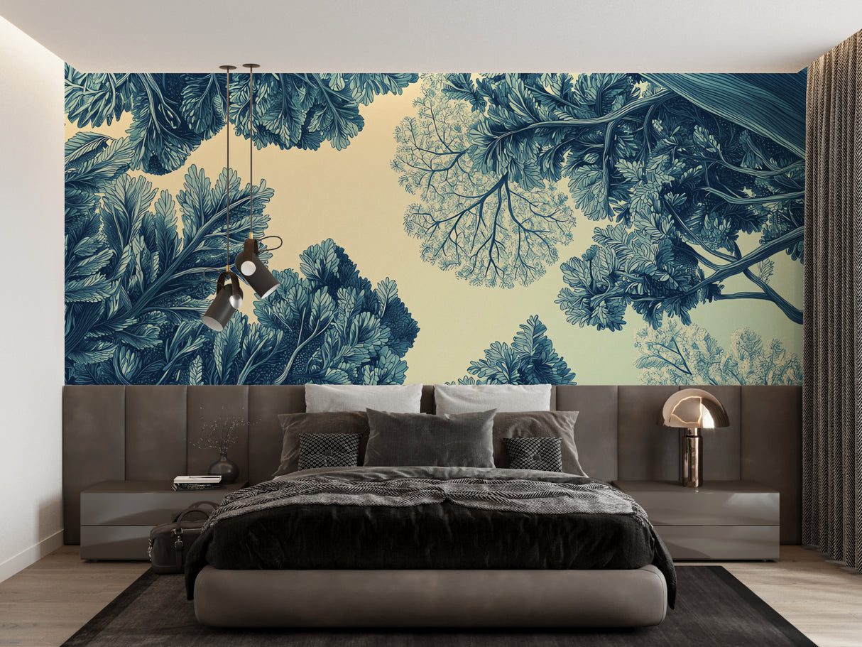 Elegant botanical mural wallpaper showcased in home office environment