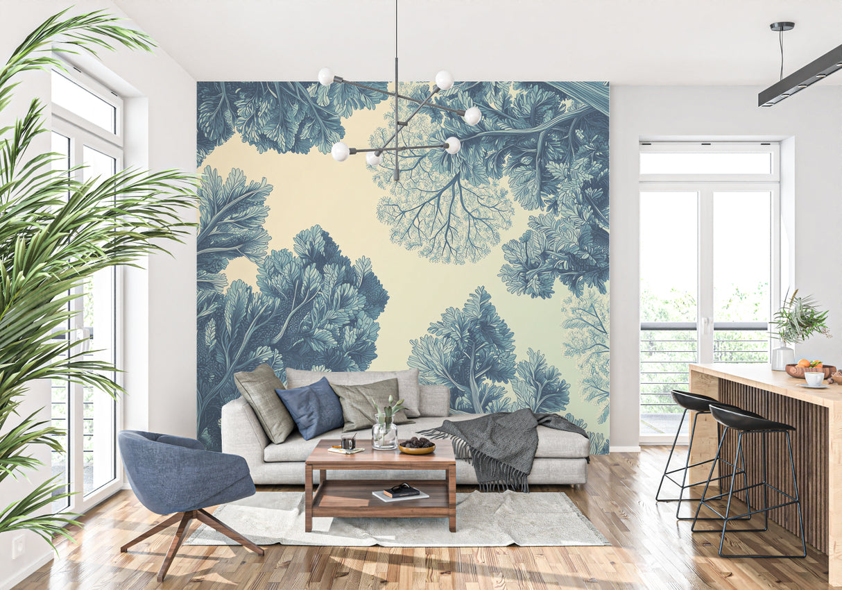 Blue leaf pattern wallpaper adding natural touch to entrance hall