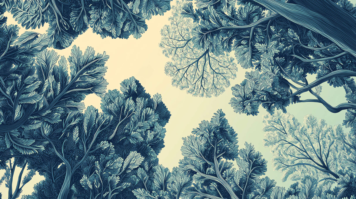 Design file of blue botanical pattern on beige background showing intricate leaf details