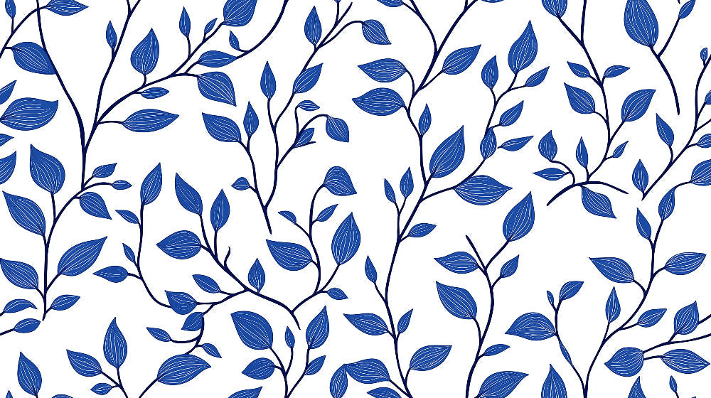 Blue and white botanical pattern design file showing detailed leaf arrangement