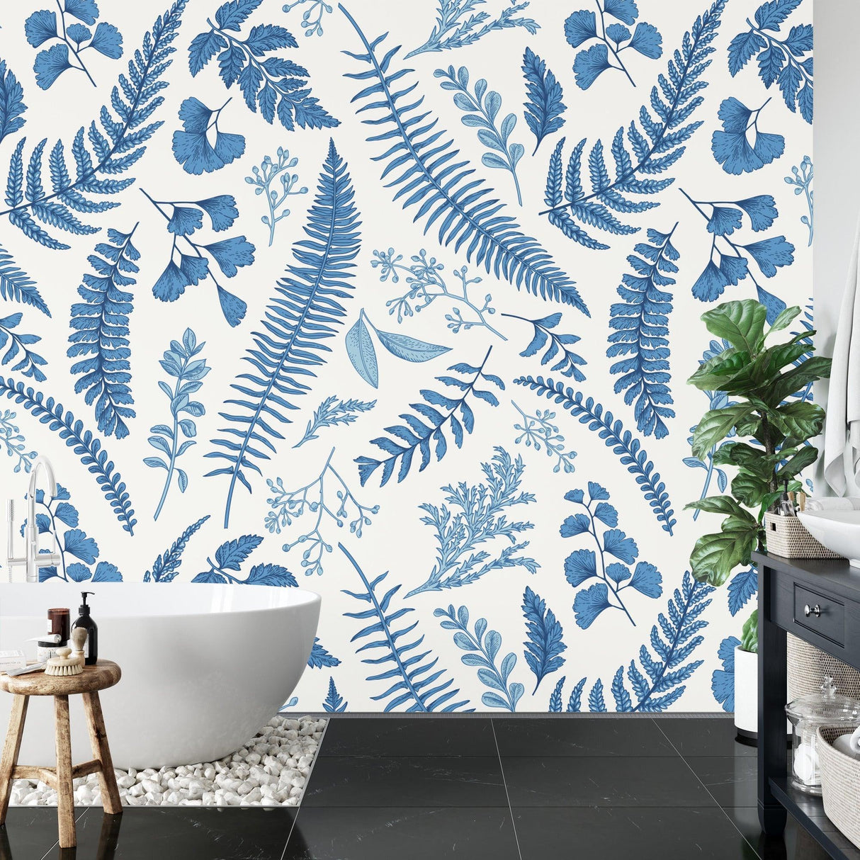 Blue fern pattern wallpaper bringing natural elegance to a home office space