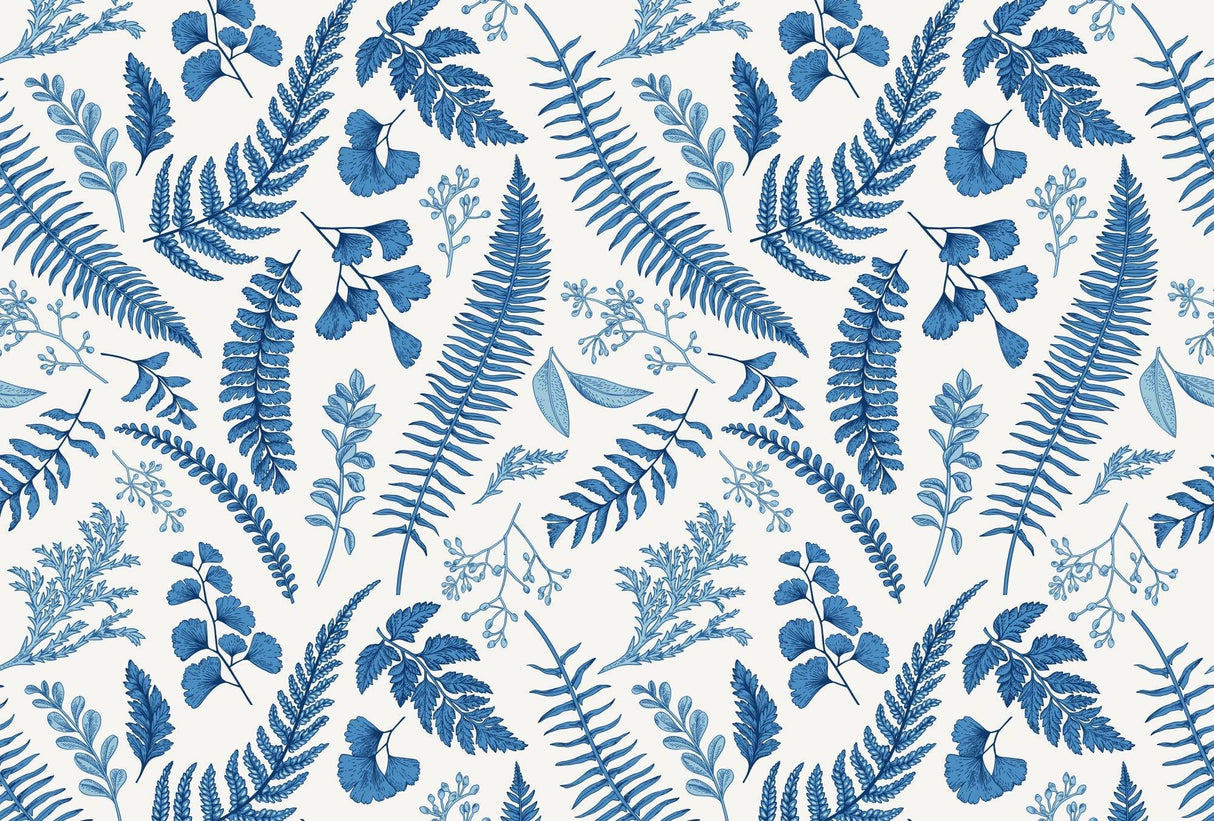 Design file of blue fern botanical pattern on white background showing intricate leaf details