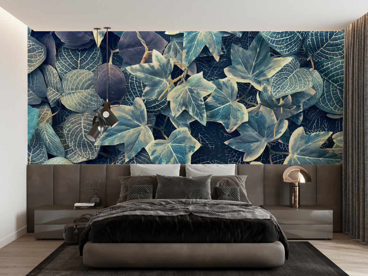 Blue-green botanical leaf wallpaper in modern living room creating serene atmosphere