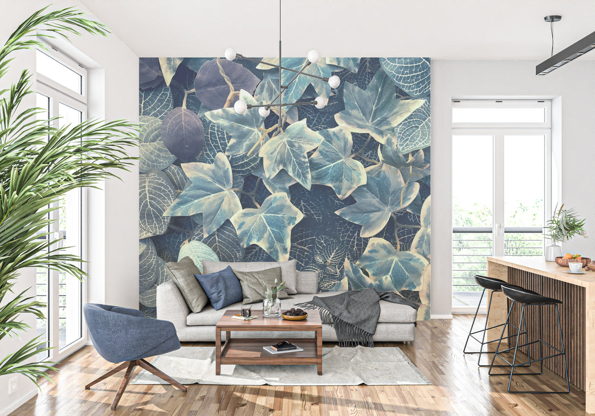 Botanical leaf mural adding natural beauty to master bedroom wall
