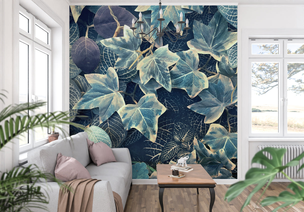 Navy and teal foliage wallpaper making home office feel fresh