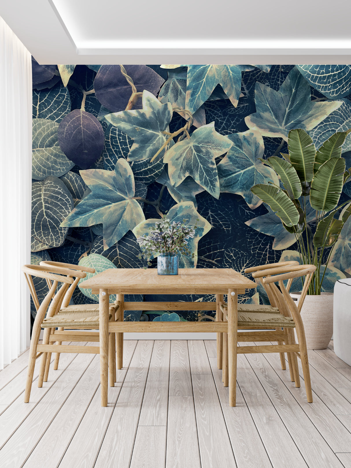 Blue-green leaf pattern transforming dining room with natural elegance