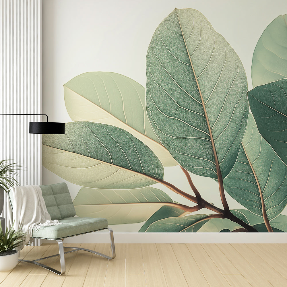 Botanical leaf wallpaper creating a fresh natural feel in a bright modern living room with minimal furniture