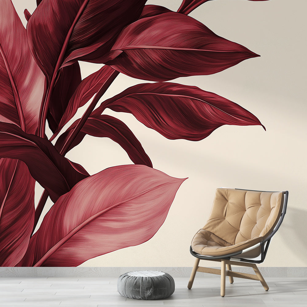 Burgundy botanical wall mural creating a sophisticated atmosphere in a modern dining room with minimalist furniture