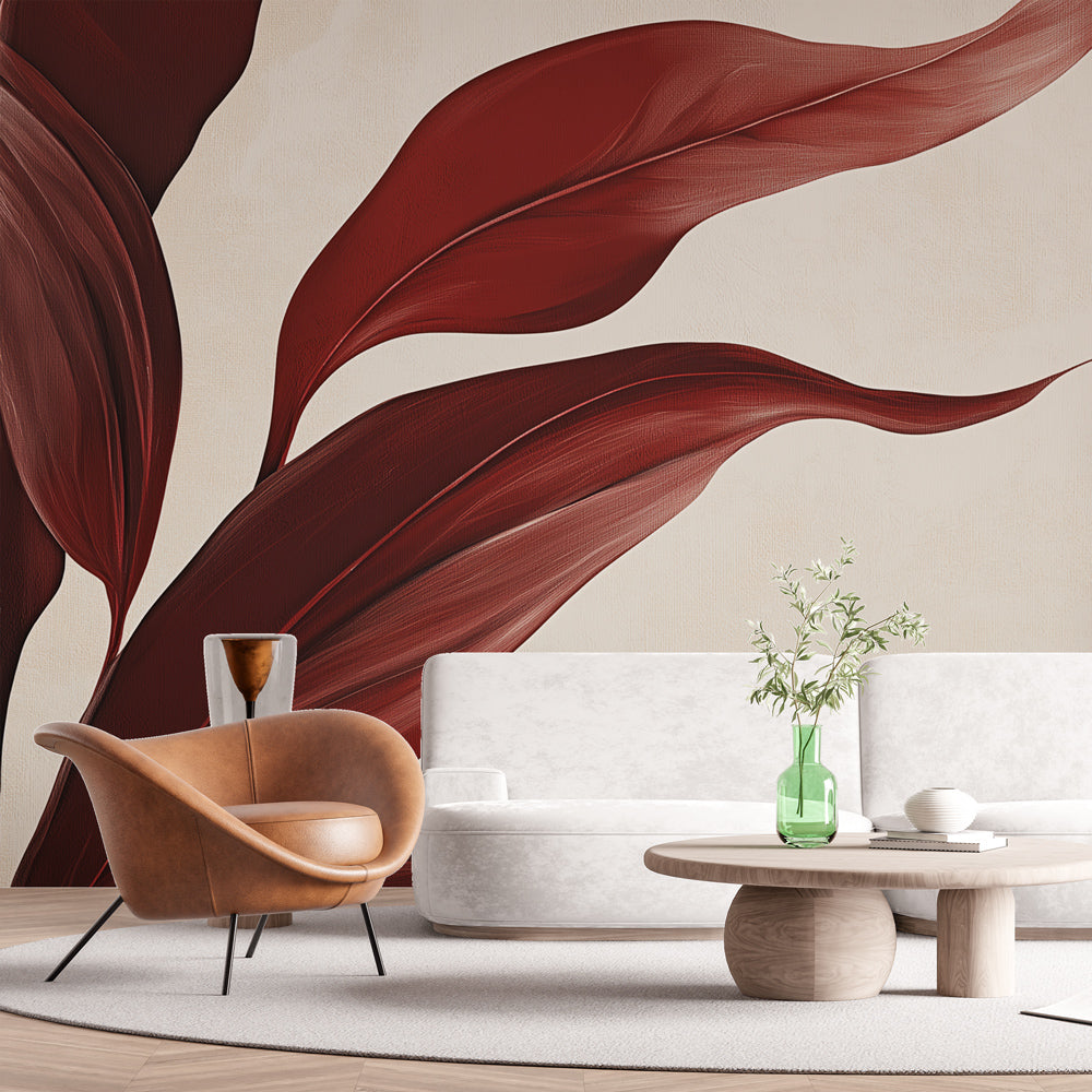 Burgundy leaf wallpaper creating a bold statement wall in a modern dining room with pendant lighting and wooden furniture