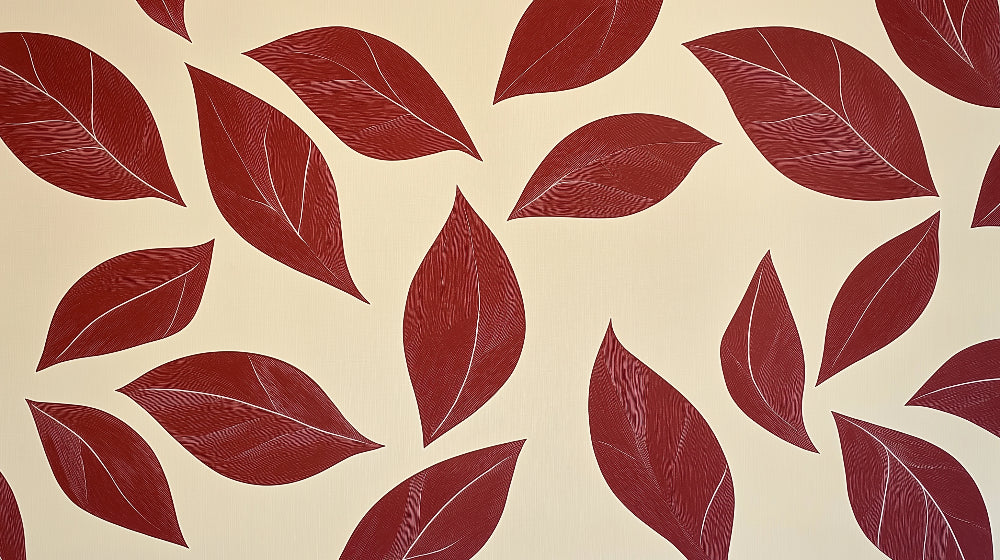 Burgundy leaf wallpaper creating a sophisticated backdrop in a modern dining room with natural light