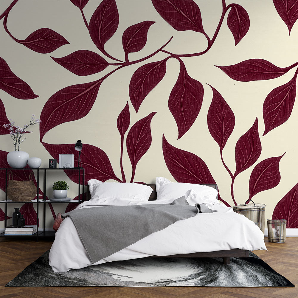 Burgundy leaf wallpaper mural creating a cozy atmosphere in a modern living room with natural light