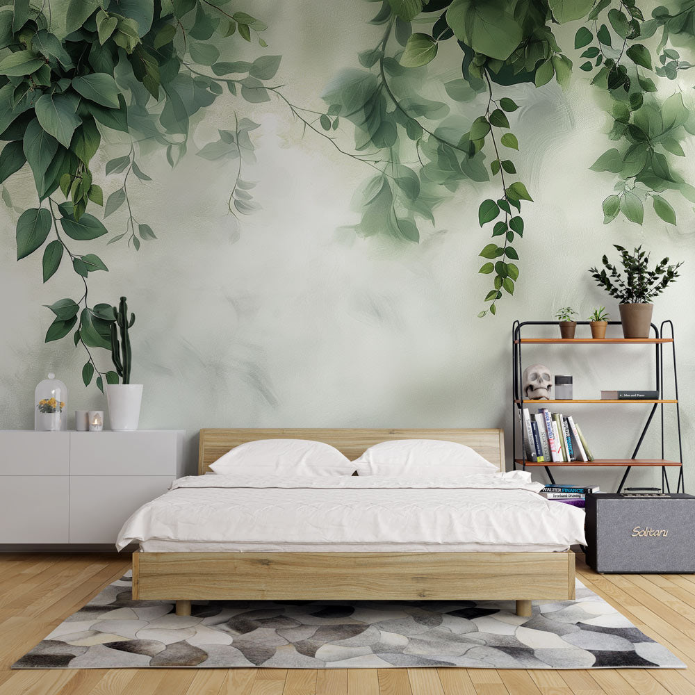 Botanical wall mural with cascading green leaves creating a fresh atmosphere in a modern living room setting