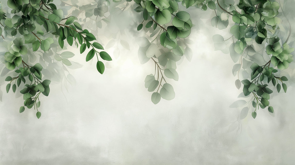 Green leaf wallpaper mural shown in bright modern living room, creating a fresh botanical atmosphere with cascading foliage pattern