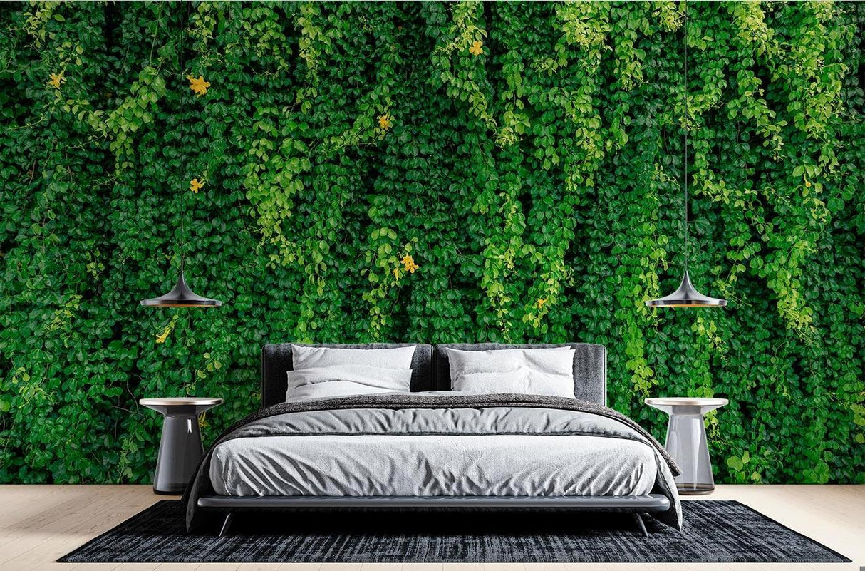 Green vine wallpaper creating a fresh garden feel in a modern dining room with natural light