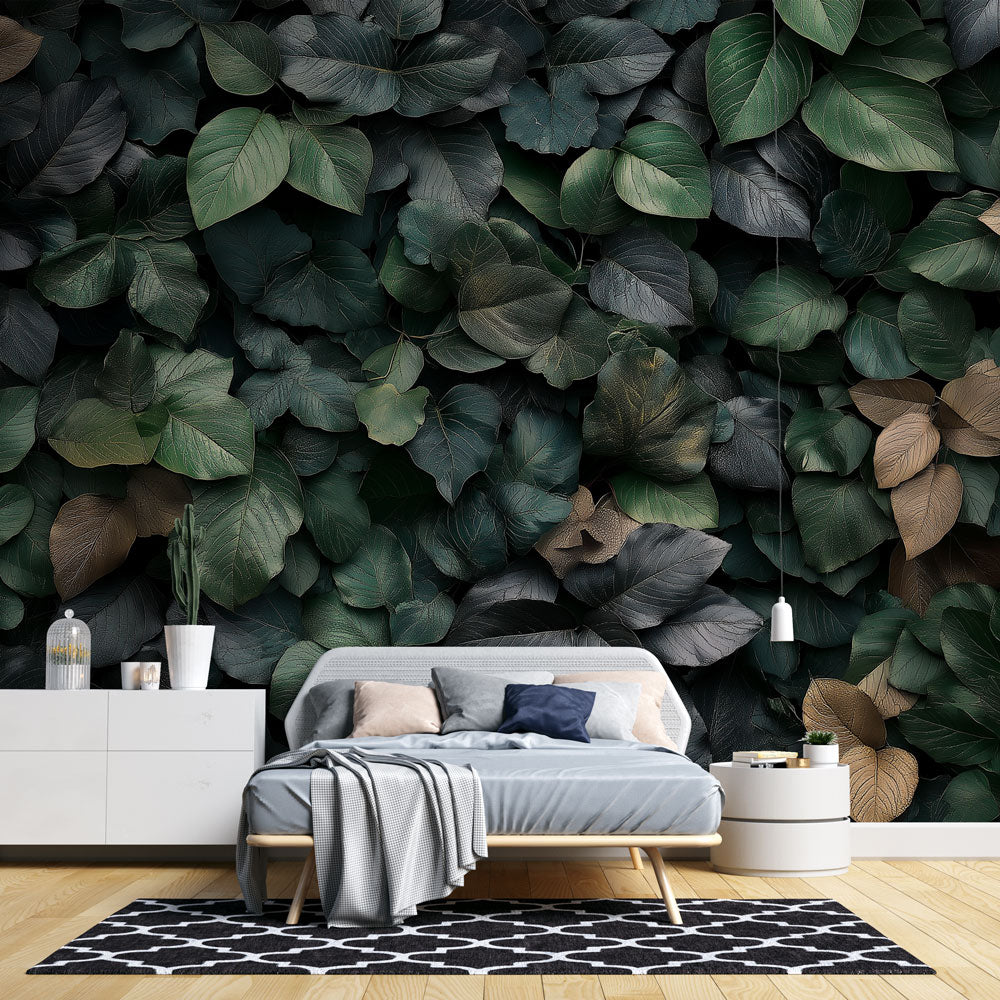 Green and gold leaf wallpaper creating a luxurious atmosphere in a modern living room with natural light