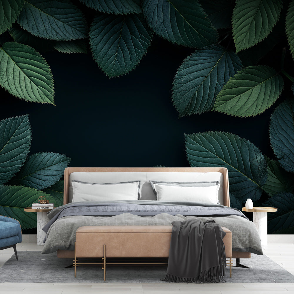 Dark green botanical wallpaper mural creating a dramatic statement wall in a modern dining room with mood lighting