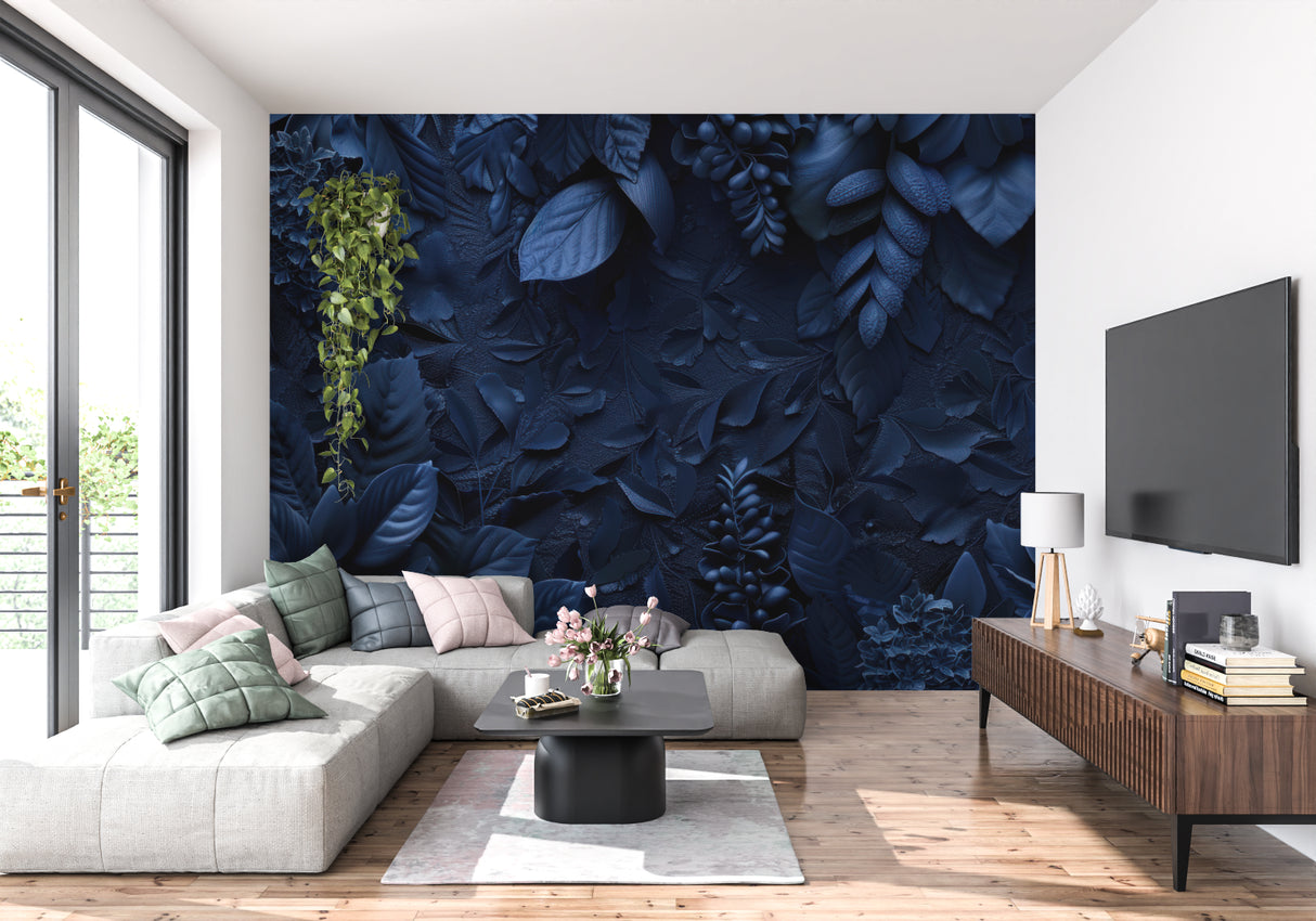 Botanical wall mural in master bedroom creating serene atmosphere