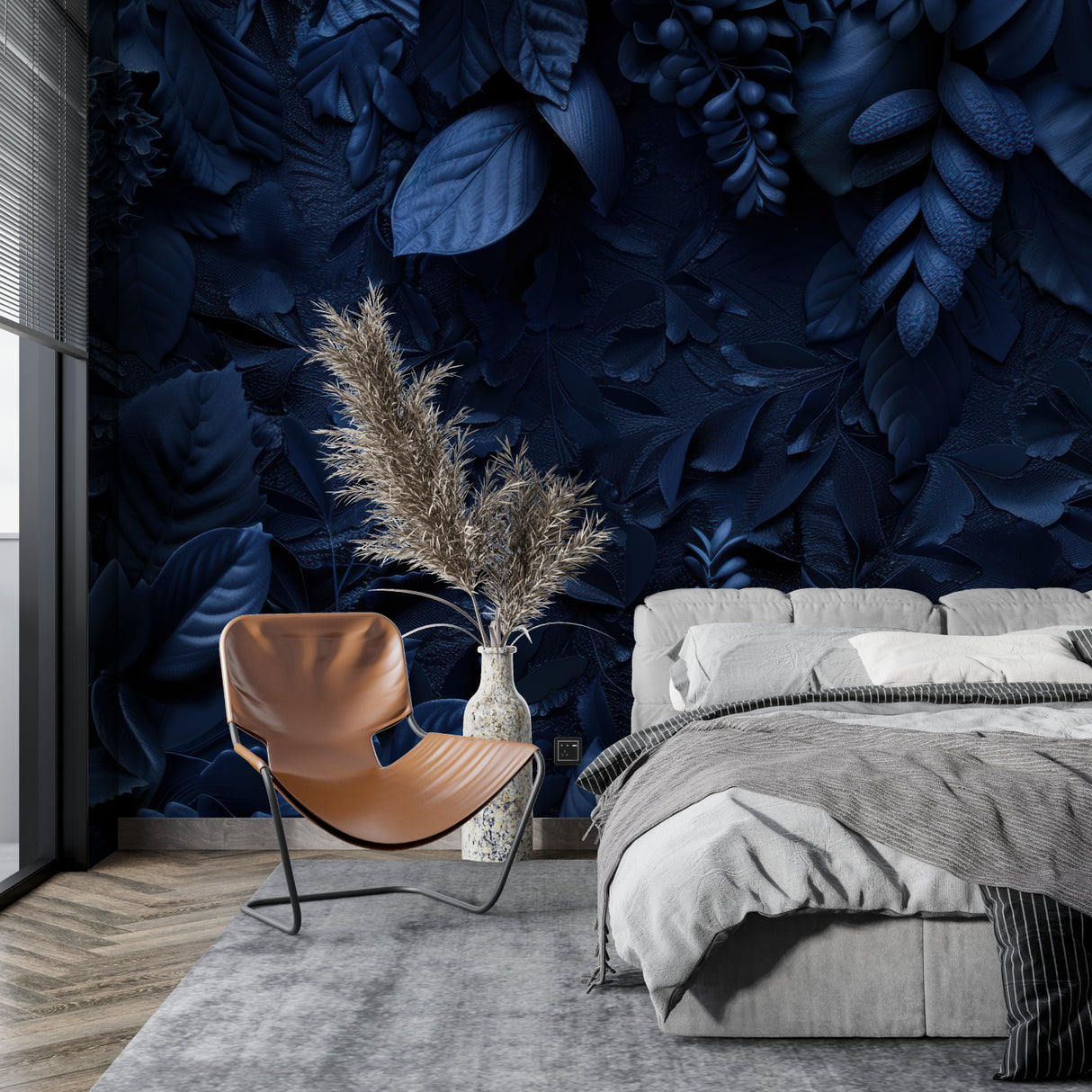 Navy blue leaf pattern wallpaper in home office with wooden desk