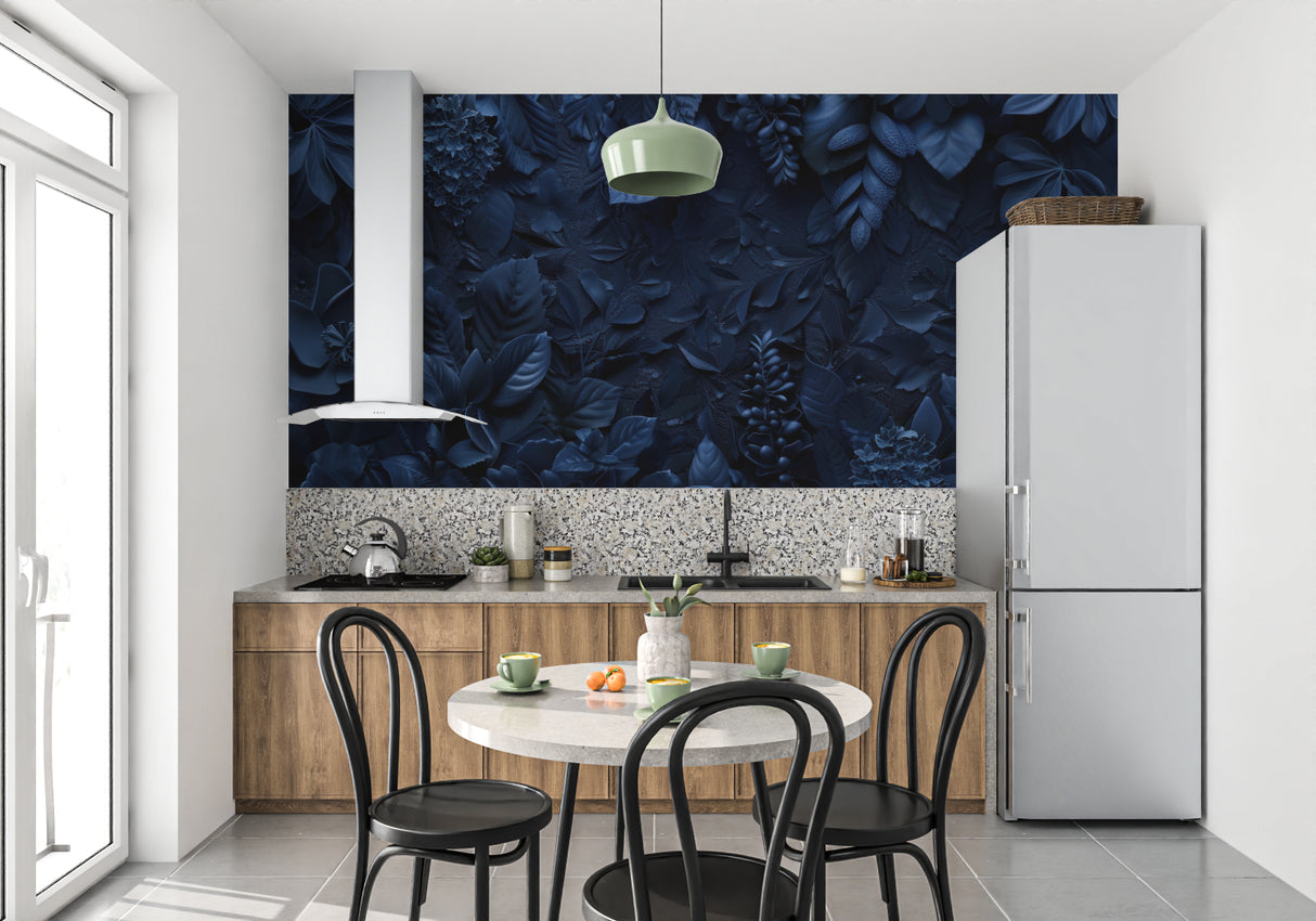 Textured foliage wallpaper in dining room with pendant lights