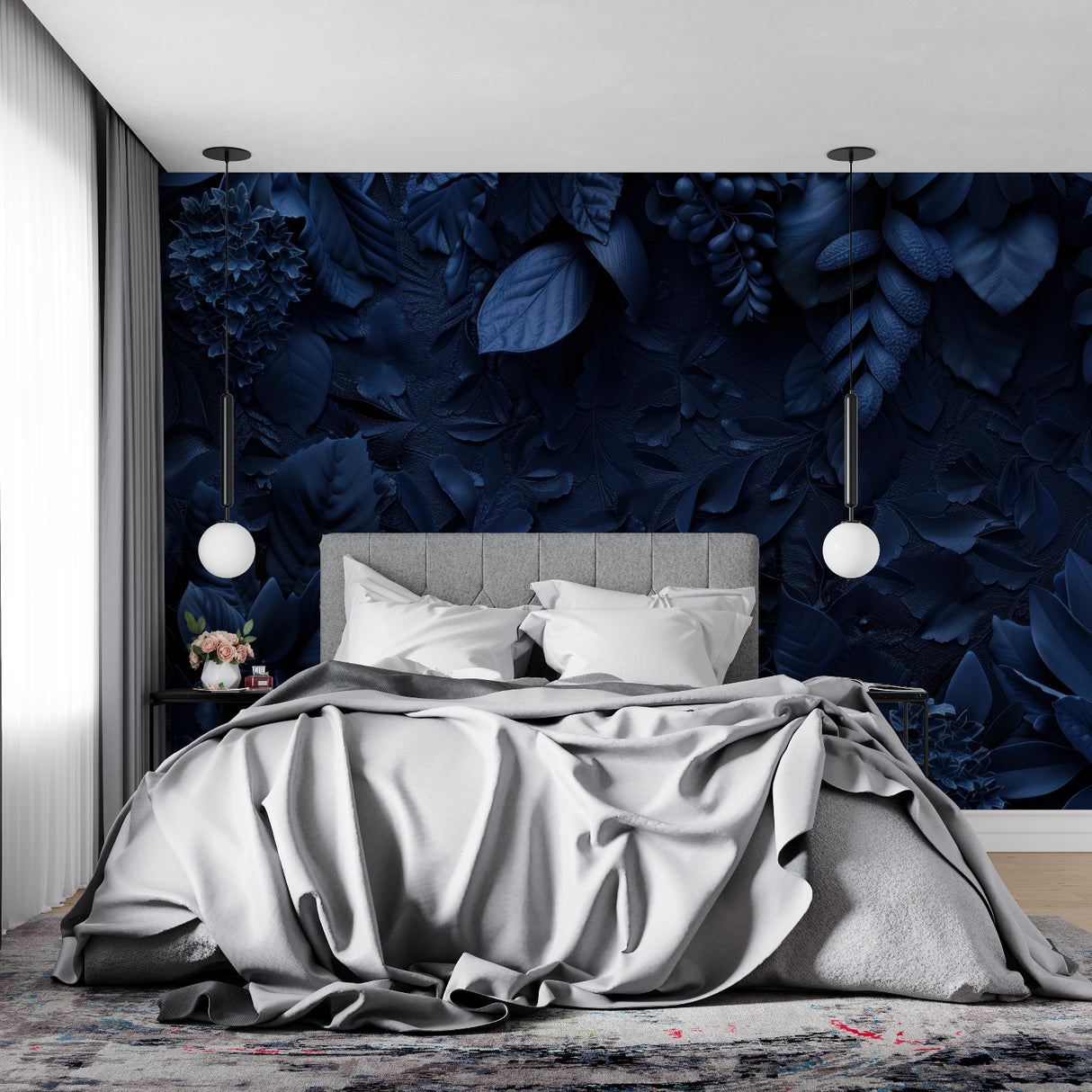 Blue botanical mural in entrance hallway making bold statement