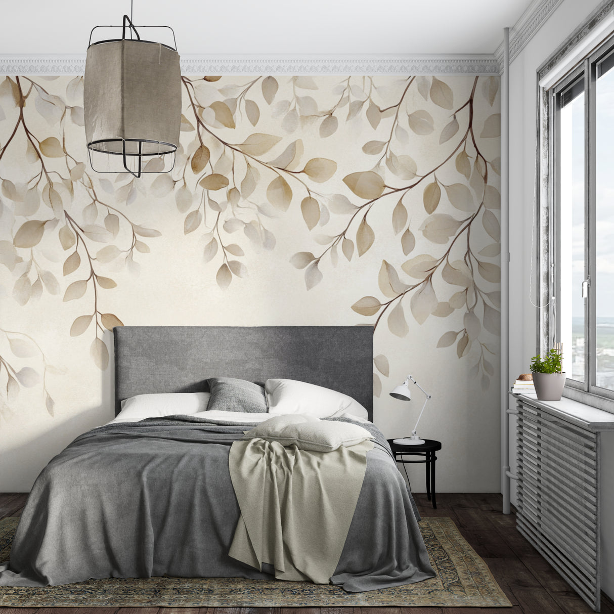 Beige watercolor leaf wallpaper in a bright modern living room creating a serene atmosphere