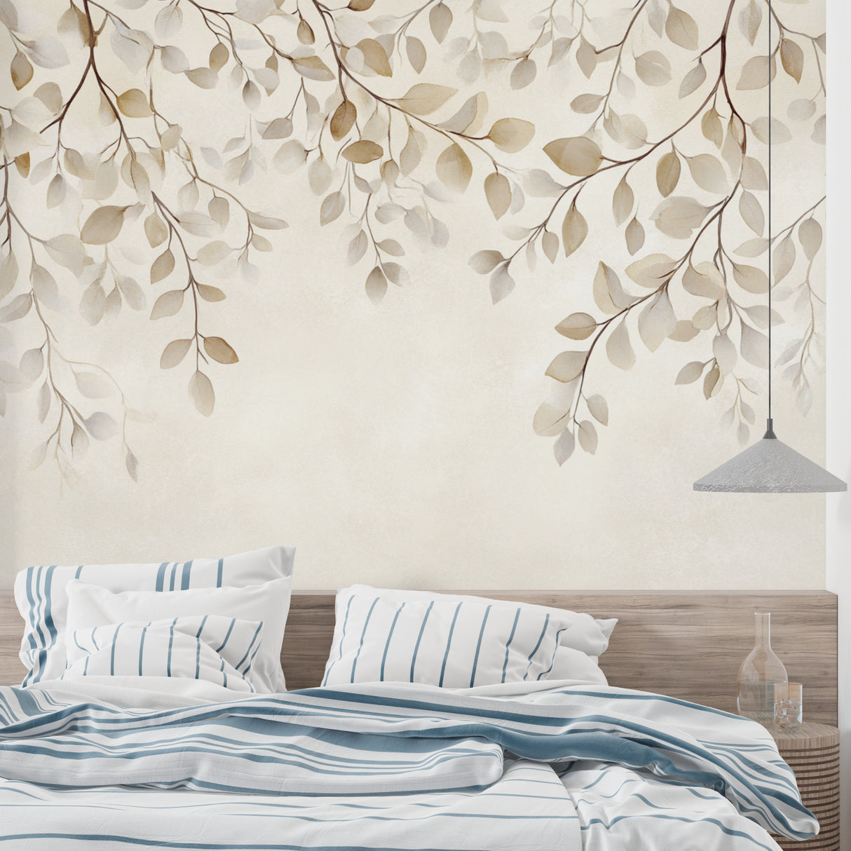 Botanical wall mural with cream leaves adding elegance to a master bedroom