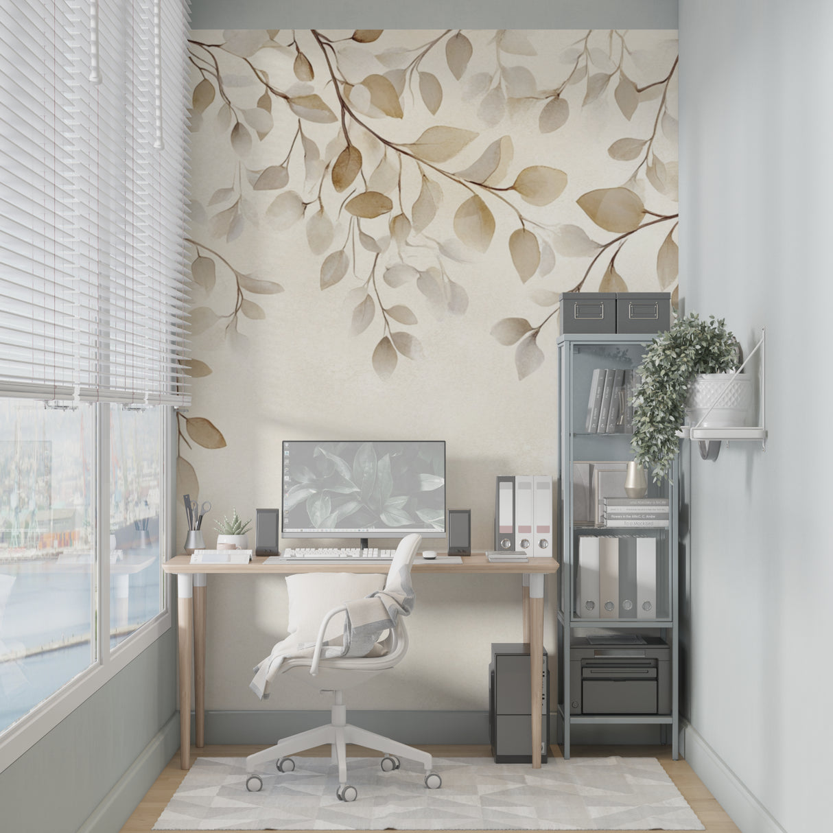 Neutral foliage wallpaper bringing natural charm to a dining room setting