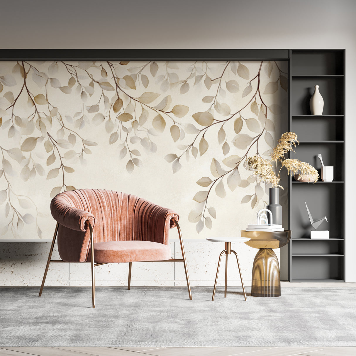 Cream botanical wallpaper creating a soft backdrop in an entryway