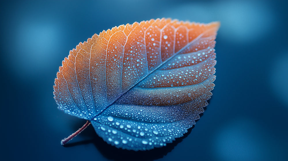 Macro leaf wallpaper design file showing intricate dewdrop details and color transitions
