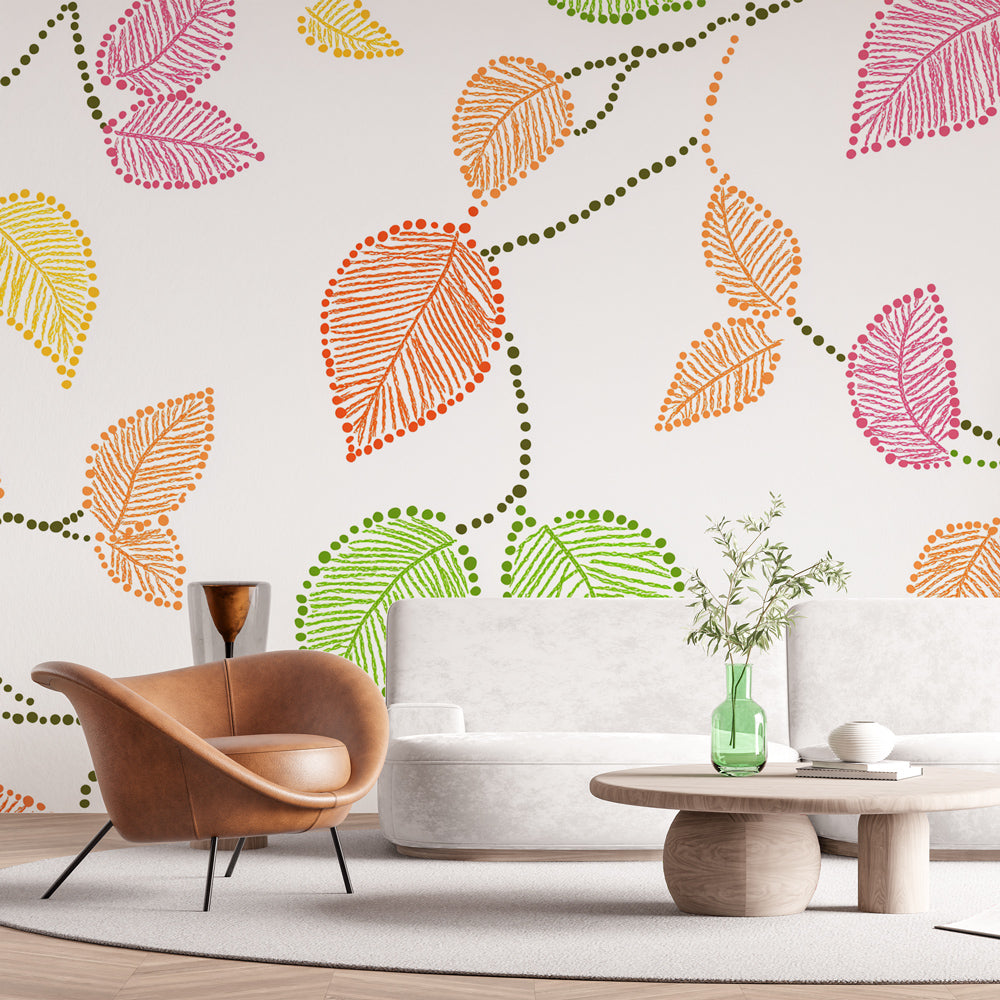 Botanical leaf wallpaper with dotted pattern brightening a modern living room with natural light and minimal furniture