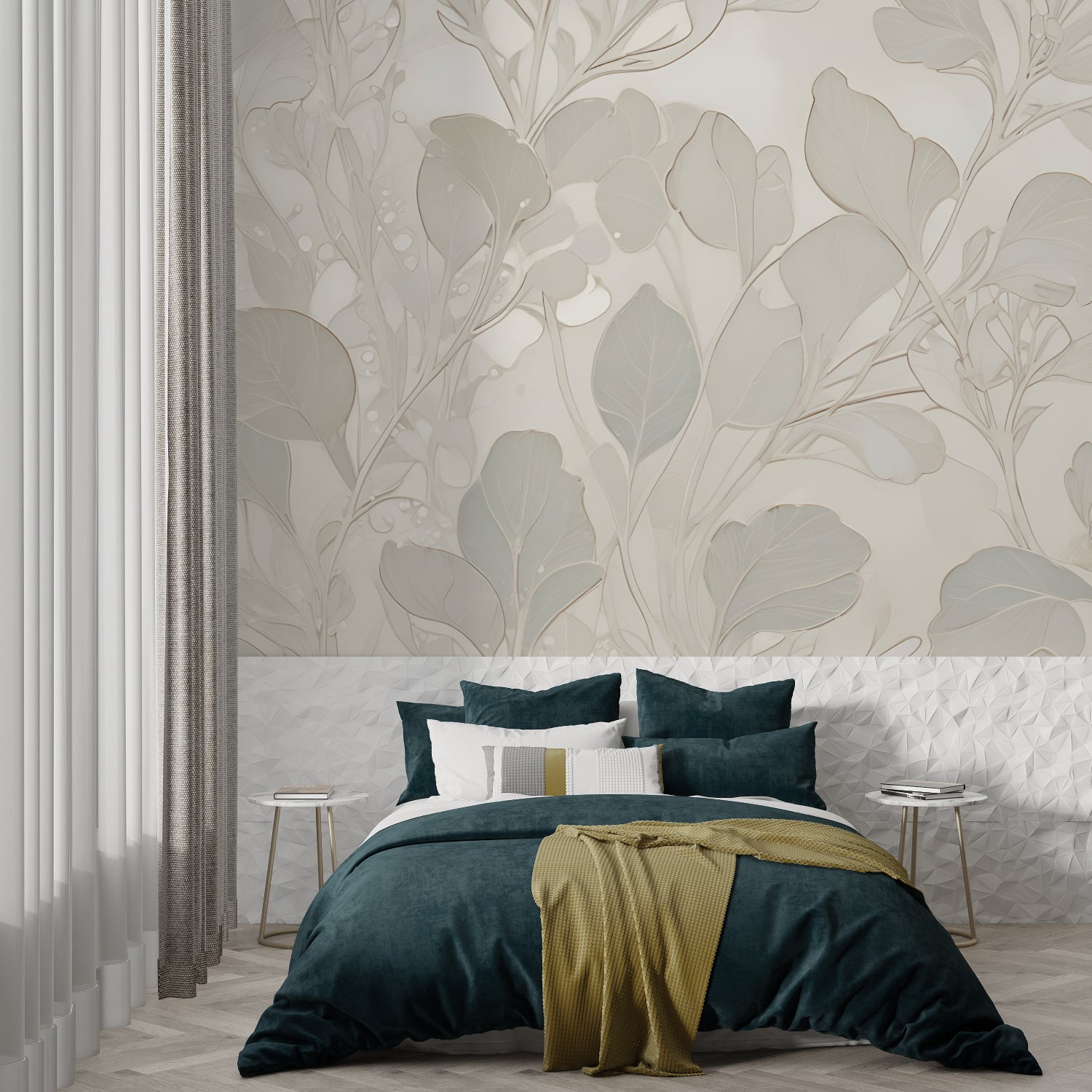 Sophisticated grey and beige Leaf Wallpaper creating a calm atmosphere in a modern living room