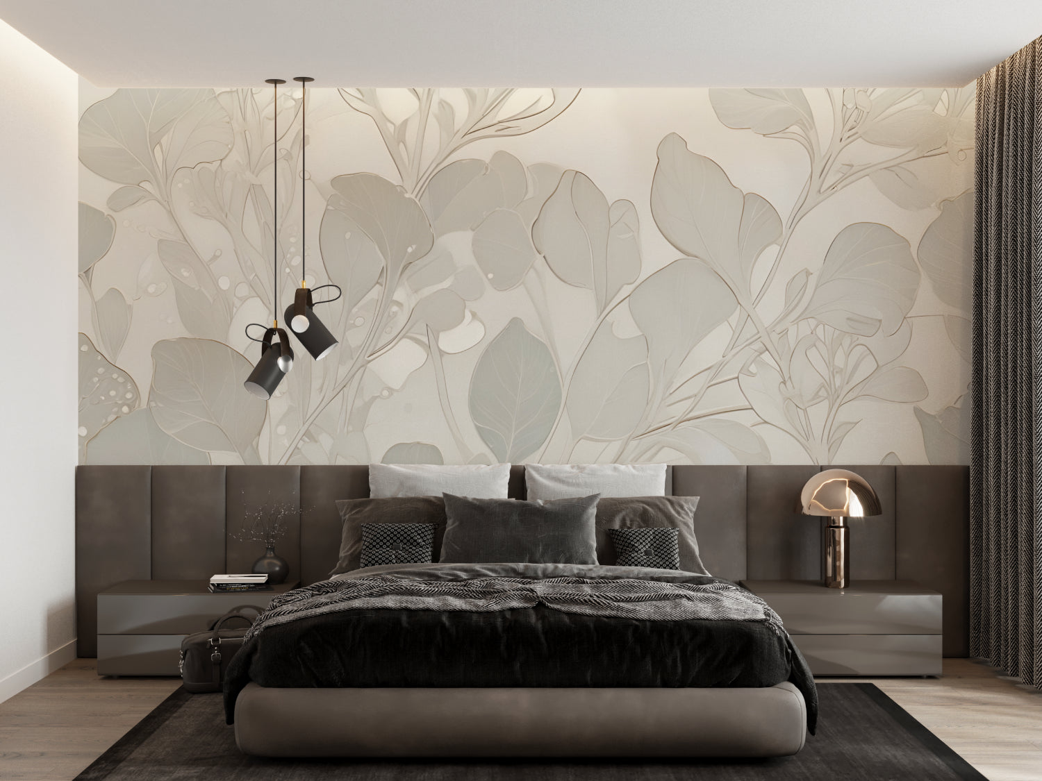 Botanical wall mural with gentle leaf pattern adding natural beauty to a master bedroom