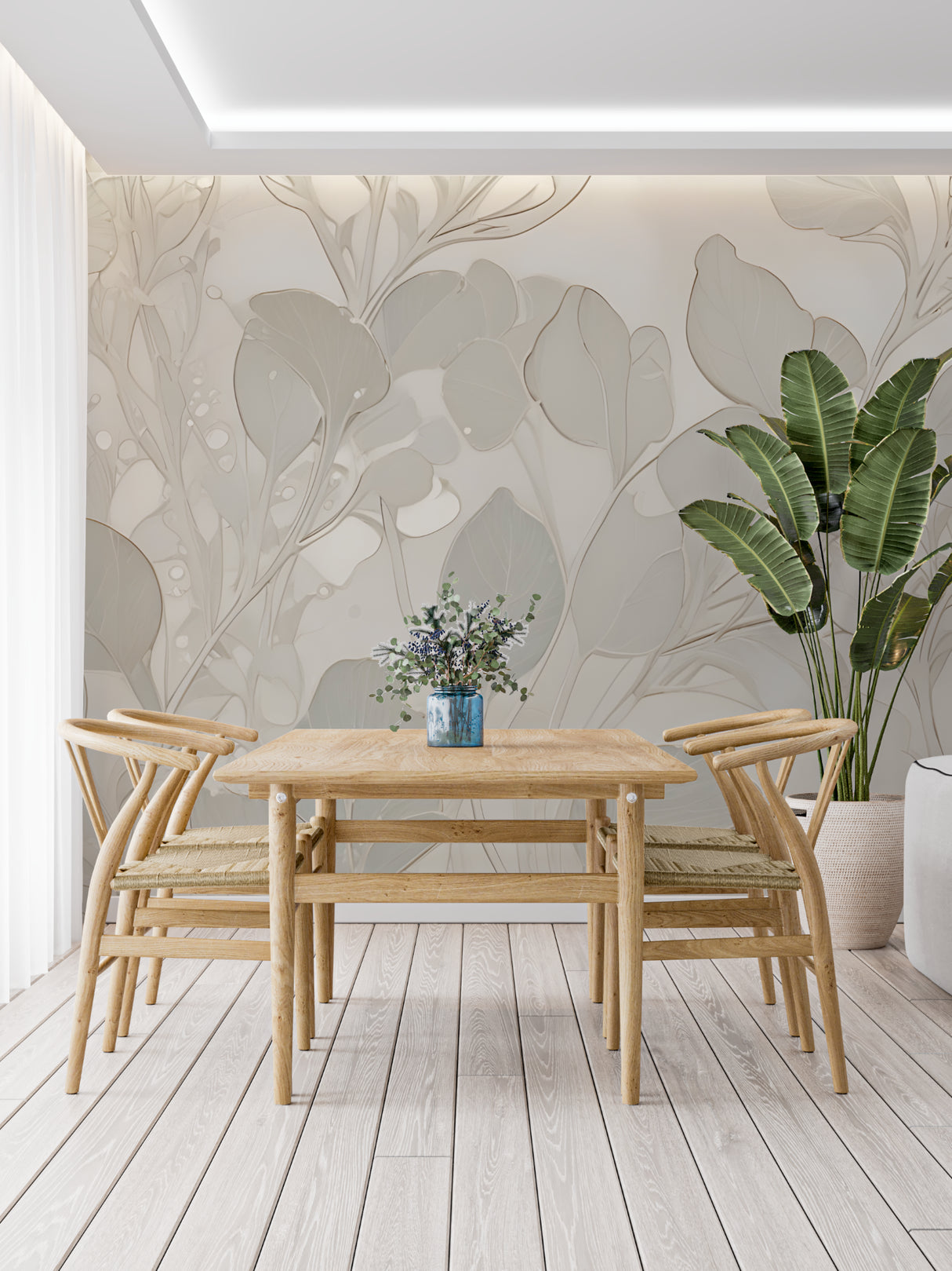 Neutral foliage wallpaper bringing organic elegance to a dining room setting