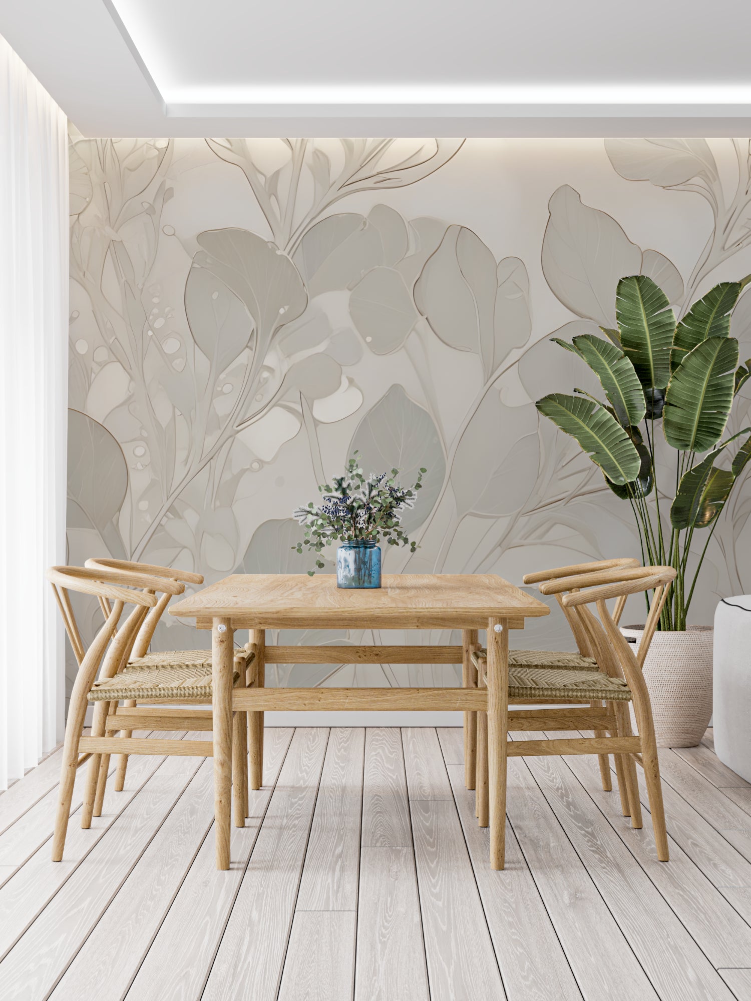 Neutral foliage wallpaper bringing organic elegance to a dining room setting