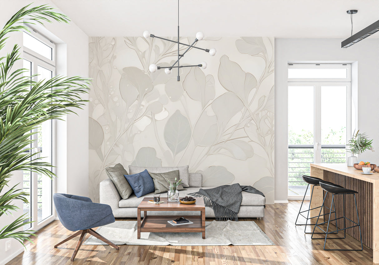 Grey and beige leaf pattern mural creating depth in a home office space
