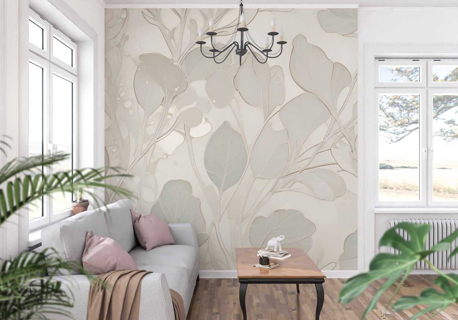 Botanical wallpaper design enhancing an entryway with soft neutral tones