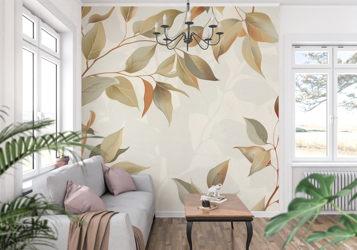 Botanical leaf wallpaper creating a calm atmosphere in a modern living room with beige and terracotta accents