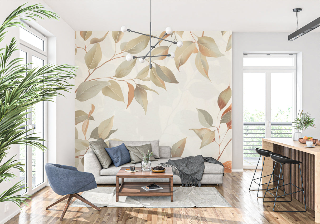 Nature-inspired wall mural bringing warmth to a minimalist dining room space