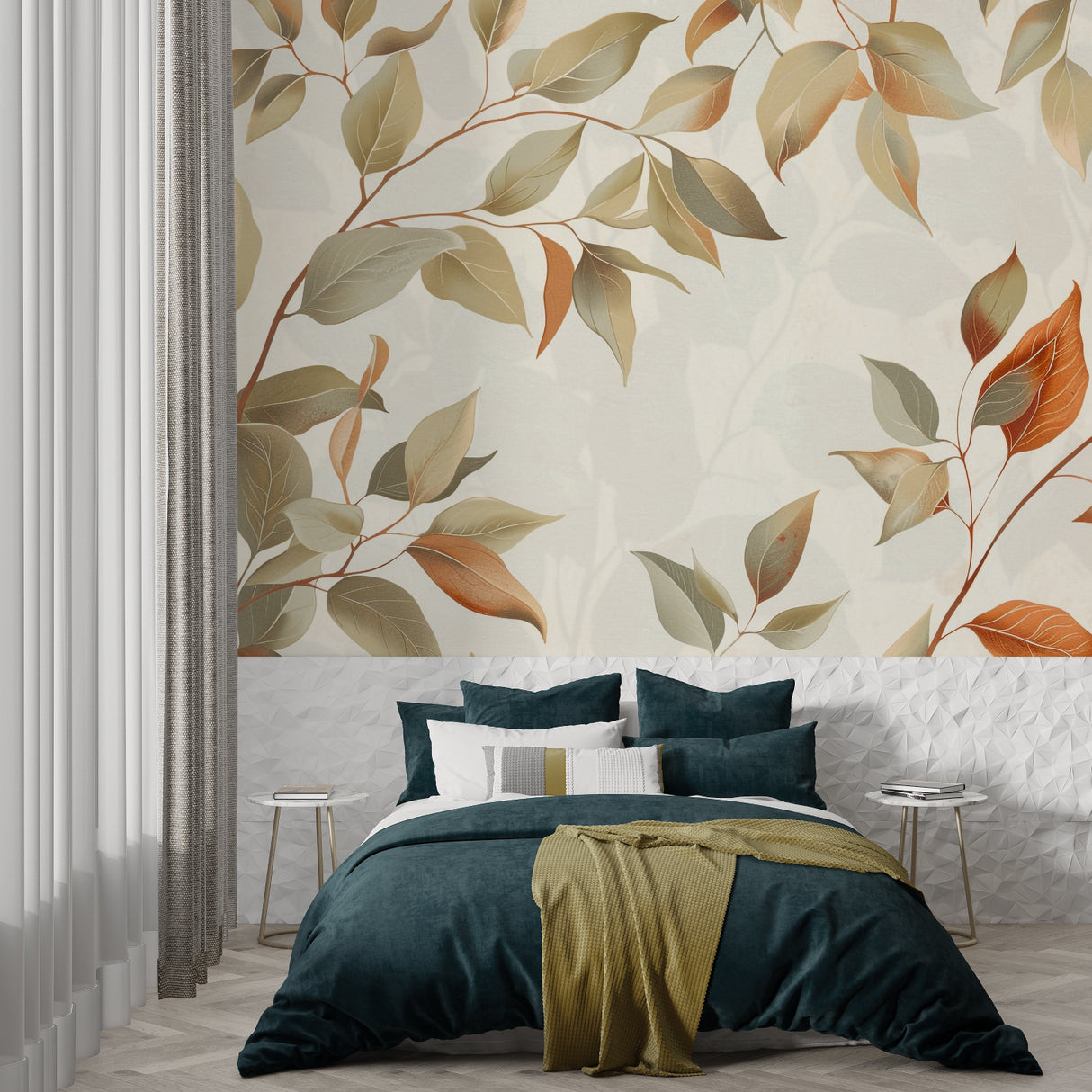 Elegant leaf pattern wallpaper making a statement in a cozy home office setting
