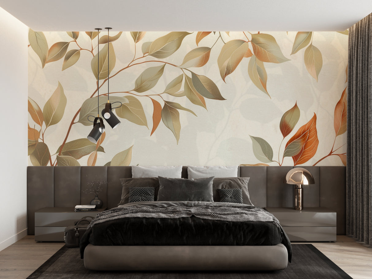 Botanical wallpaper transforming a bedroom with soft, natural tones