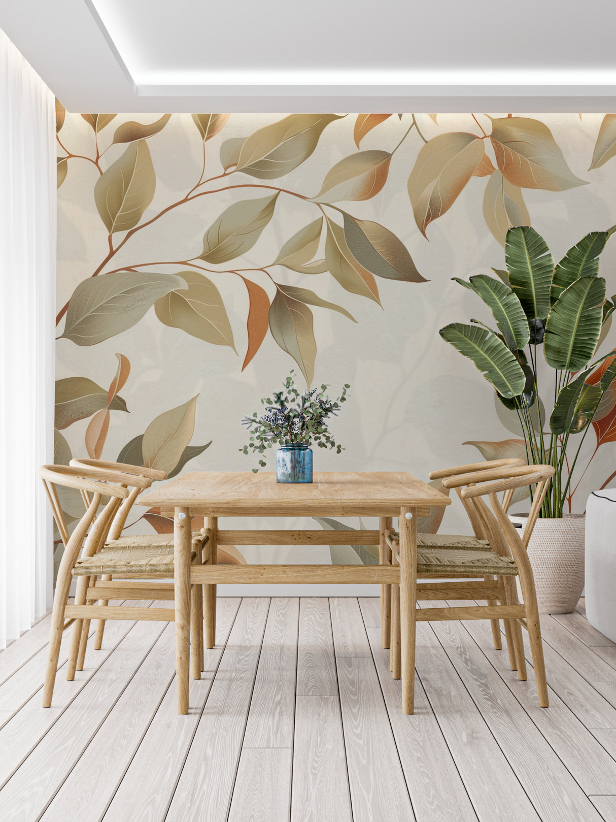 Earth tone leaf mural creating depth in an entryway space