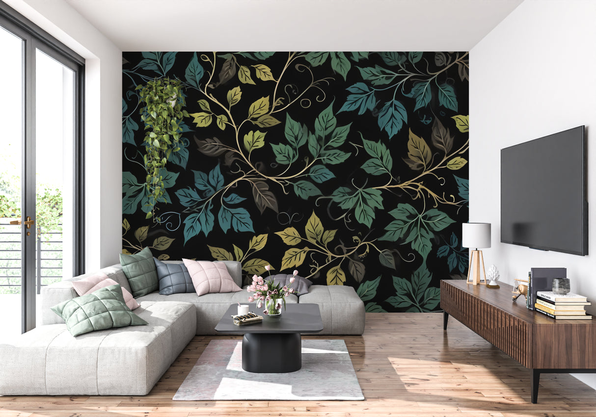 Black and green Botanical Wallpaper in modern living room with grey sofa and natural light