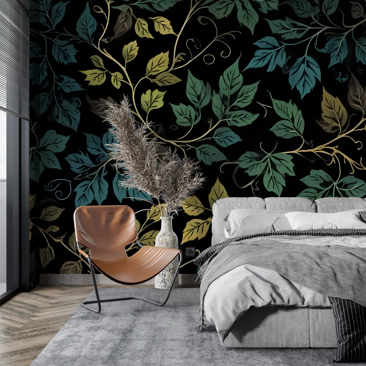 Botanical leaf wallpaper creating depth in dining room with wooden table