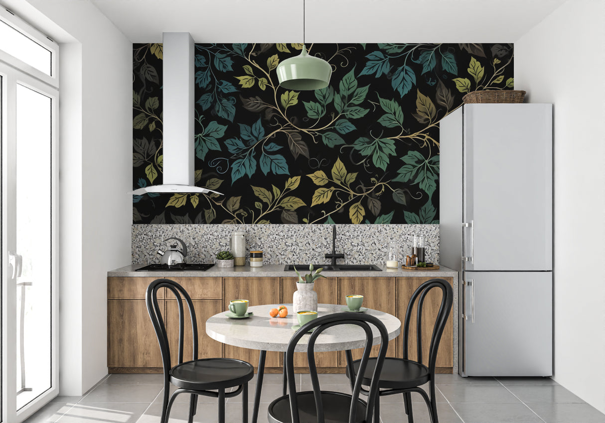 Botanical wall mural making statement in master bedroom with minimal decor