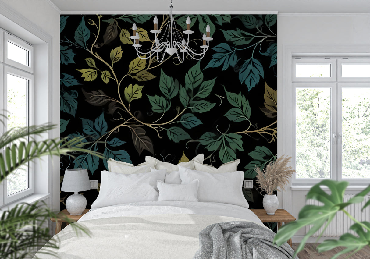 Black and green leaf wallpaper enhancing hallway with modern lighting