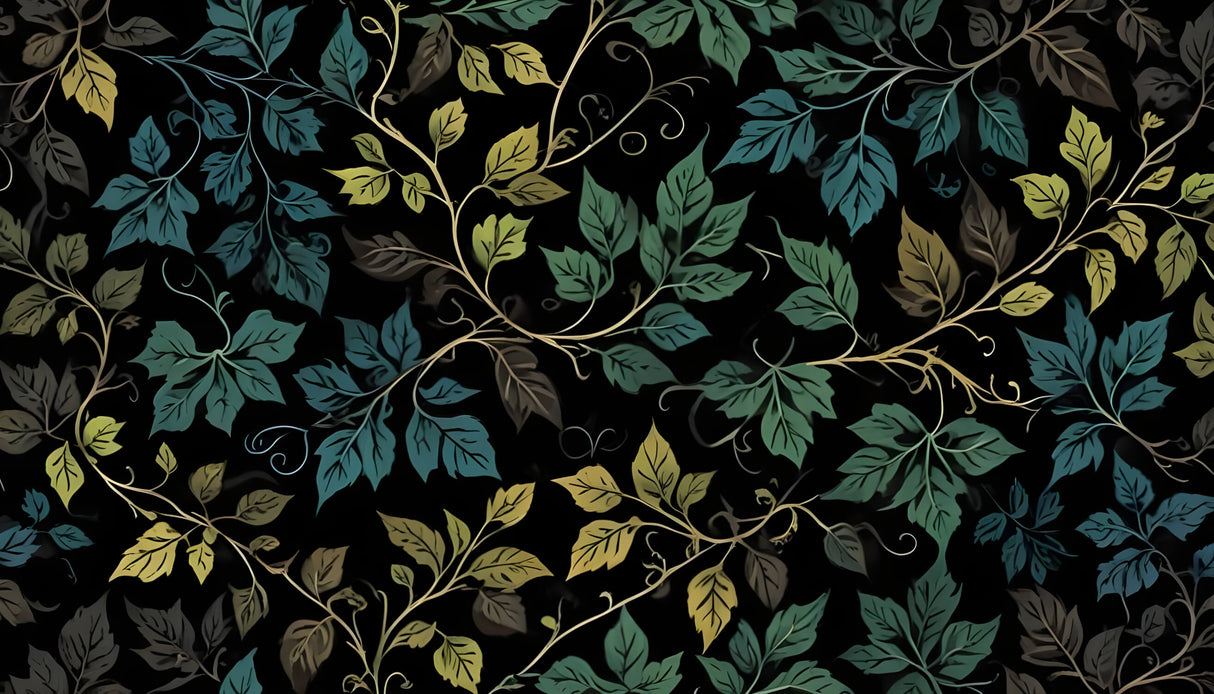 Design file of black botanical wallpaper with detailed green foliage pattern