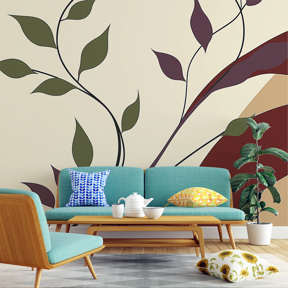 Burgundy and green leaf wall mural creating a calm atmosphere in a modern dining room with natural light