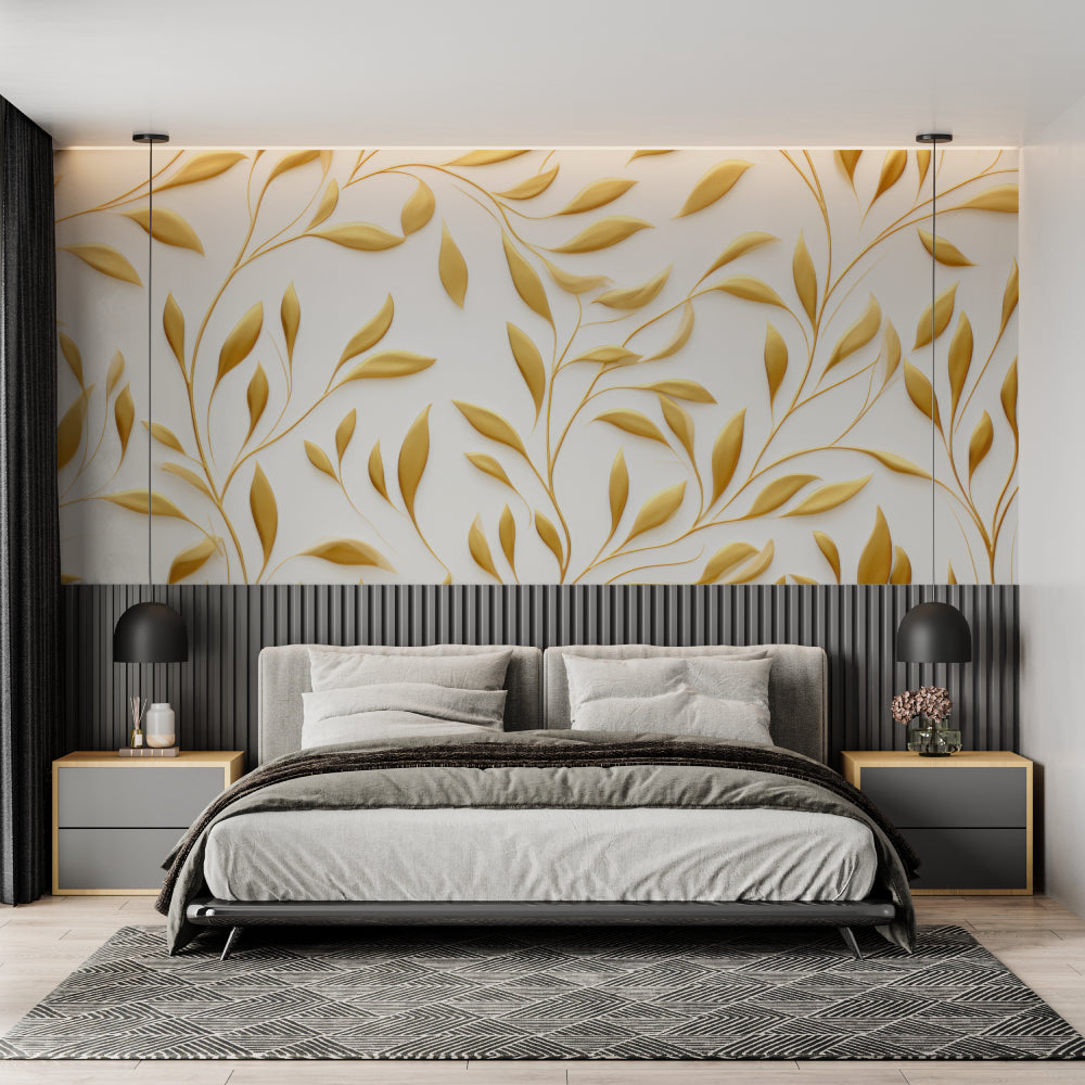 Gold leaf wallpaper mural in modern living room with white sofa and natural light
